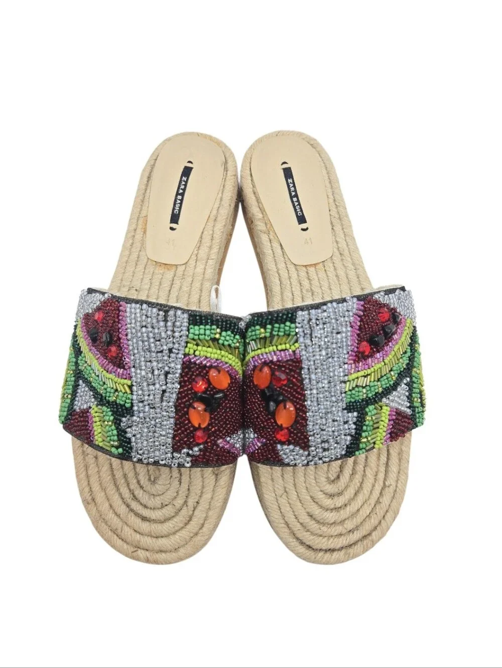 Zara Beaded Multicolor Slide Sandals Espadrille Woven Sole - Picture 1 of 14